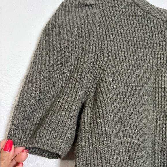 Express Olive Ribbed Knit Short Sleeve Sweater. Very Soft, Puff Sleeve. Stretchy - Picture 4 of 9